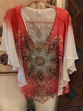 Women’s Westport Coral & White Boho V-Neck Tunic with Paisley Medallion Size 3x
